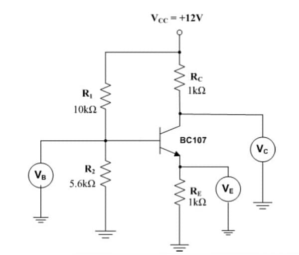 Vcc=+12V
Rc
R,
IkN
10k2
BC107
Vc
R2
VB
5.6kN
VE
RE
1kQ
