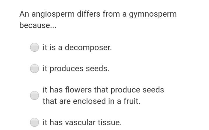 An angiosperm differs from a gymnosperm
because...
it is a decomposer.
it produces seeds.
it has flowers that produce seeds
that are enclosed in a fruit.
it has vascular tissue.
