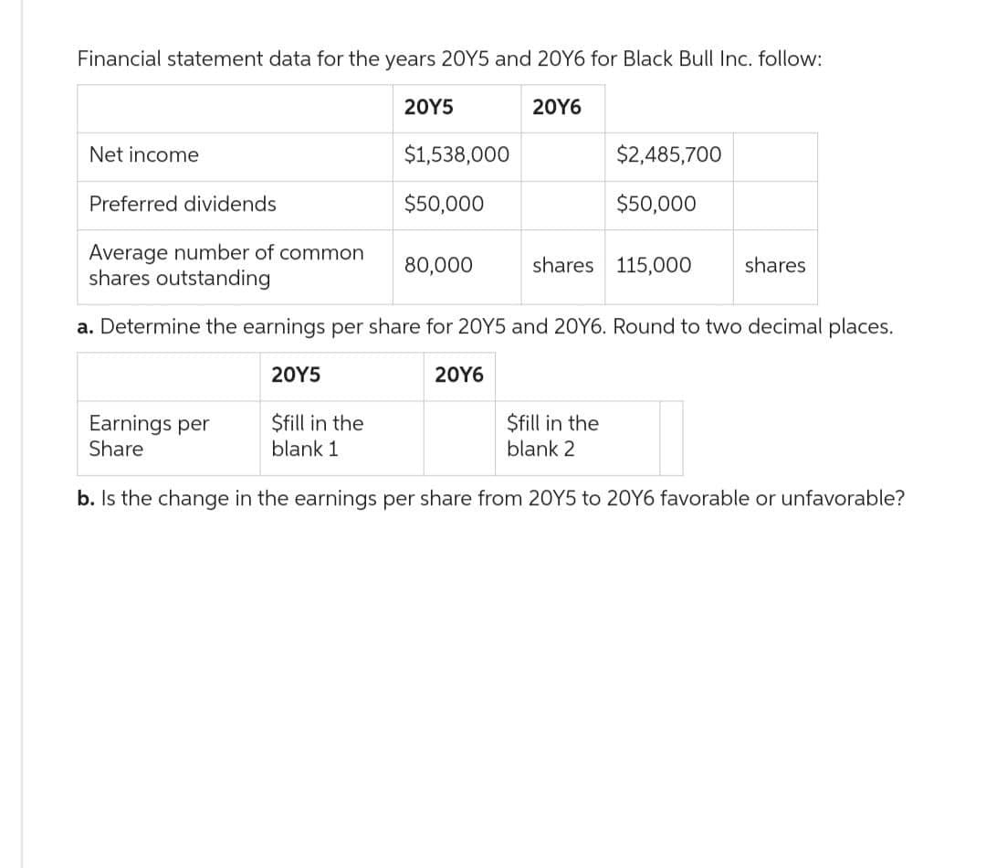 Financial statement data for the years 20Y5 and 20Y6 for Black Bull Inc. follow:
20Y6
Net income
Preferred dividends
20Y5
20Y5
$1,538,000
$50,000
Average number of common
shares outstanding
a. Determine the earnings per share for 20Y5 and 20Y6. Round to two decimal places.
80,000
20Y6
$2,485,700
$50,000
shares 115,000 shares
Earnings per
Share
$fill in the
blank 1
b. Is the change in the earnings per share from 20Y5 to 20Y6 favorable or unfavorable?
$fill in the
blank 2