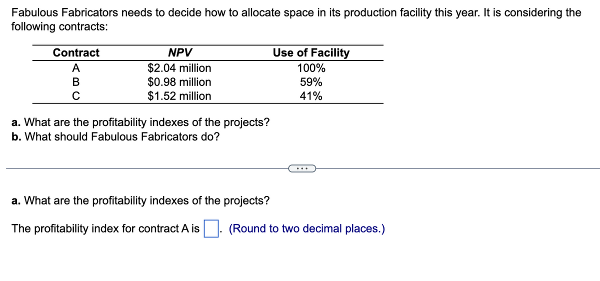 Fabulous Fabricators needs to decide how to allocate space in its production facility this year. It is considering the
following contracts:
Contract
A
B
с
NPV
$2.04 million
$0.98 million
$1.52 million
a. What are the profitability indexes of the projects?
b. What should Fabulous Fabricators do?
a. What are the profitability indexes of the projects?
The profitability index for contract A is
Use of Facility
100%
59%
41%
(Round to two decimal places.)