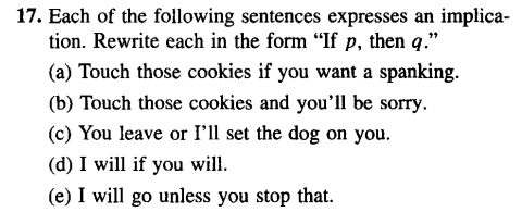 17. Each of the following sentences expresses an implica-
tion. Rewrite each in the form "If p, then q."
(a) Touch those cookies if you want a spanking.
(b) Touch those cookies and you'll be sorry.
(c) You leave or I'll set the dog on you.
(d) I will if you will.
(e) I will go unless you stop that.