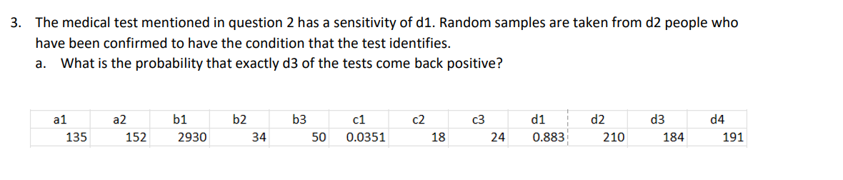 3. The medical test mentioned in question 2 has a sensitivity of d1. Random samples are taken from d2 people who
have been confirmed to have the condition that the test identifies.
a. What is the probability that exactly d3 of the tests come back positive?
a1
135
a2
152
b1
2930
b2
34
b3
50
c1
0.0351
c2
18
c3
24
d1
0.883
d2
210
d3
184
d4
191