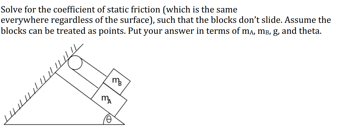 Solve for the coefficient of static friction (which is the same
everywhere regardless of the surface), such that the blocks don't slide. Assume the
blocks can be treated as points. Put your answer in terms of må, m³, g, and theta.
TTT
тв
MA
Ө
E