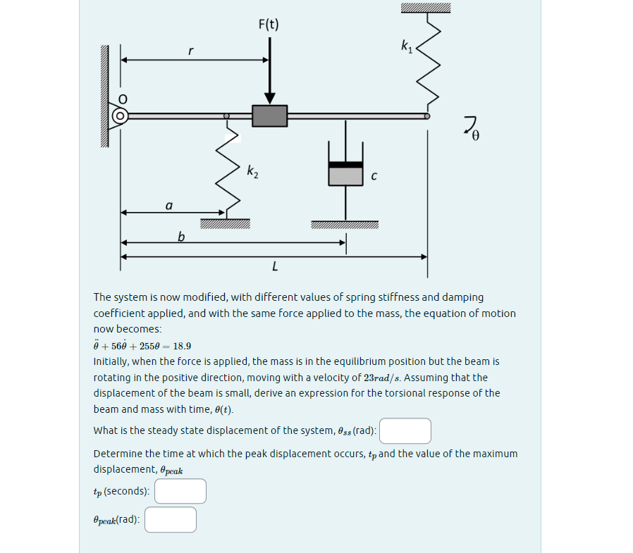 b
F(t)
K₂
L
с
k₁.
プ
The system is now modified, with different values of spring stiffness and damping
coefficient applied, and with the same force applied to the mass, the equation of motion
now becomes:
+560 +2550 = 18.9
Initially, when the force is applied, the mass is in the equilibrium position but the beam is
rotating in the positive direction, moving with a velocity of 23rad/s. Assuming that the
displacement of the beam is small, derive an expression for the torsional response of the
beam and mass with time, 0(t).
What is the steady state displacement of the system, 0$$ (rad):
Determine the time at which the peak displacement occurs, tp and the value of the maximum
displacement, peak
tp (seconds):
Opeak(rad):