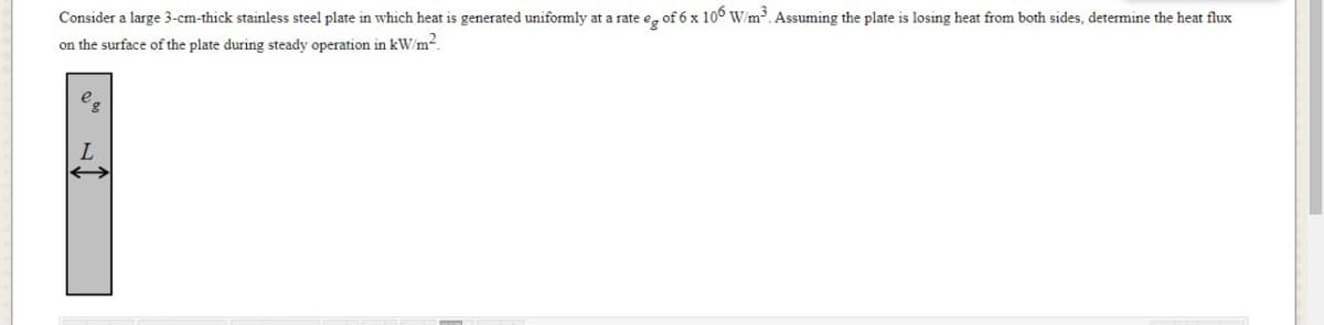 Consider a large 3-cm-thick stainless steel plate in which heat is generated uniformly at a rate e, of 6 x 100 W/m³. Assuming the plate is losing heat from both sides, determine the heat flux
on the surface of the plate during steady operation in kW/m2.
