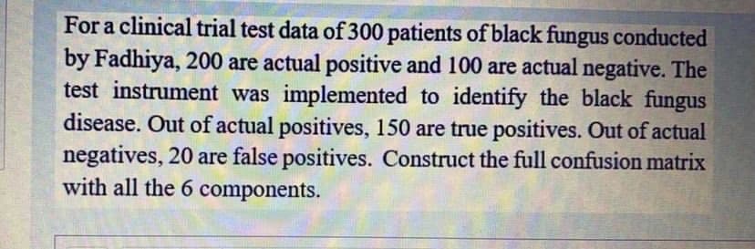 For a clinical trial test data of 300 patients of black fungus conducted
by Fadhiya, 200 are actual positive and 100 are actual negative. The
test instrument was implemented to identify the black fungus
disease. Out of actual positives, 150 are true positives. Out of actual
negatives, 20 are false positives. Construct the full confusion matrix
with all the 6 components.
