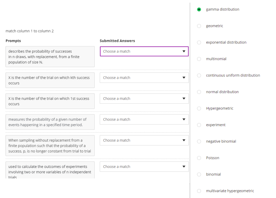 gamma distribution
geometric
match column 1 to column 2
Prompts
Submitted Answers
exponential distribution
describes the probability of successes
Choose a match
in n draws, with replacement, from a finite
multinomial
population of size N.
continuous uniform distribution
X is the number of the trial on which kth success
Choose a match
occurs
normal distribution
X is the number of the trial on which 1st success
Choose a match
occurs
O Hypergeometric
measures the probability of a given number of
events happening in a specified time period.
Choose a match
O experiment
When sampling without replacement from a
finite population such that the probability of a
success, p, is no longer constant from trial to trial
Choose a match
negative binomial
Poisson
used to calculate the outcomes of experiments
Choose a match
involving two or more variables of n independent
binomial
trials
O multivariate hypergeometric
