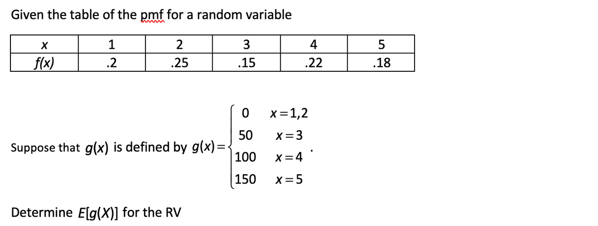 Given the table of the pmf for a random variable
1
2
.2
.25
X
f(x)
3
.15
0
50
Suppose that g(x) is defined by g(x) =<
100
150
Determine E[g(X)] for the RV
4
.22
x = 1,2
x=3
X=4
x=5
5
.18