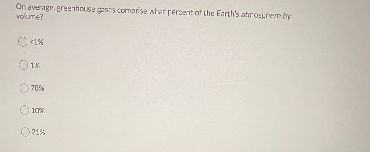 On average, greenhouse gases comprise what percent of the Earth's atmosphere by
volume?
<1%
1%
78%
O 10%
21%
