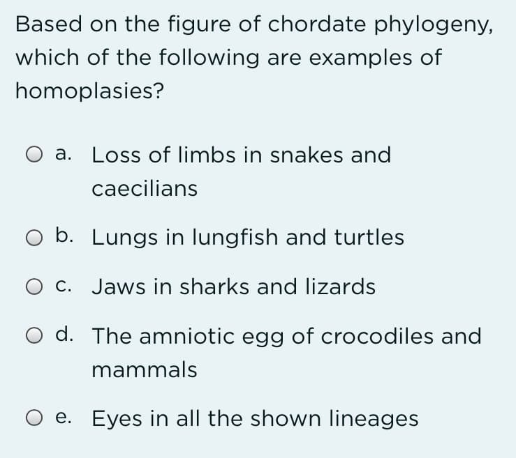 Based on the figure of chordate phylogeny,
which of the following are examples of
homoplasies?
a. Loss of limbs in snakes and
caecilians
b. Lungs in lungfish and turtles
c. Jaws in sharks and lizards
O d. The amniotic egg of crocodiles and
mammals
O e. Eyes in all the shown lineages