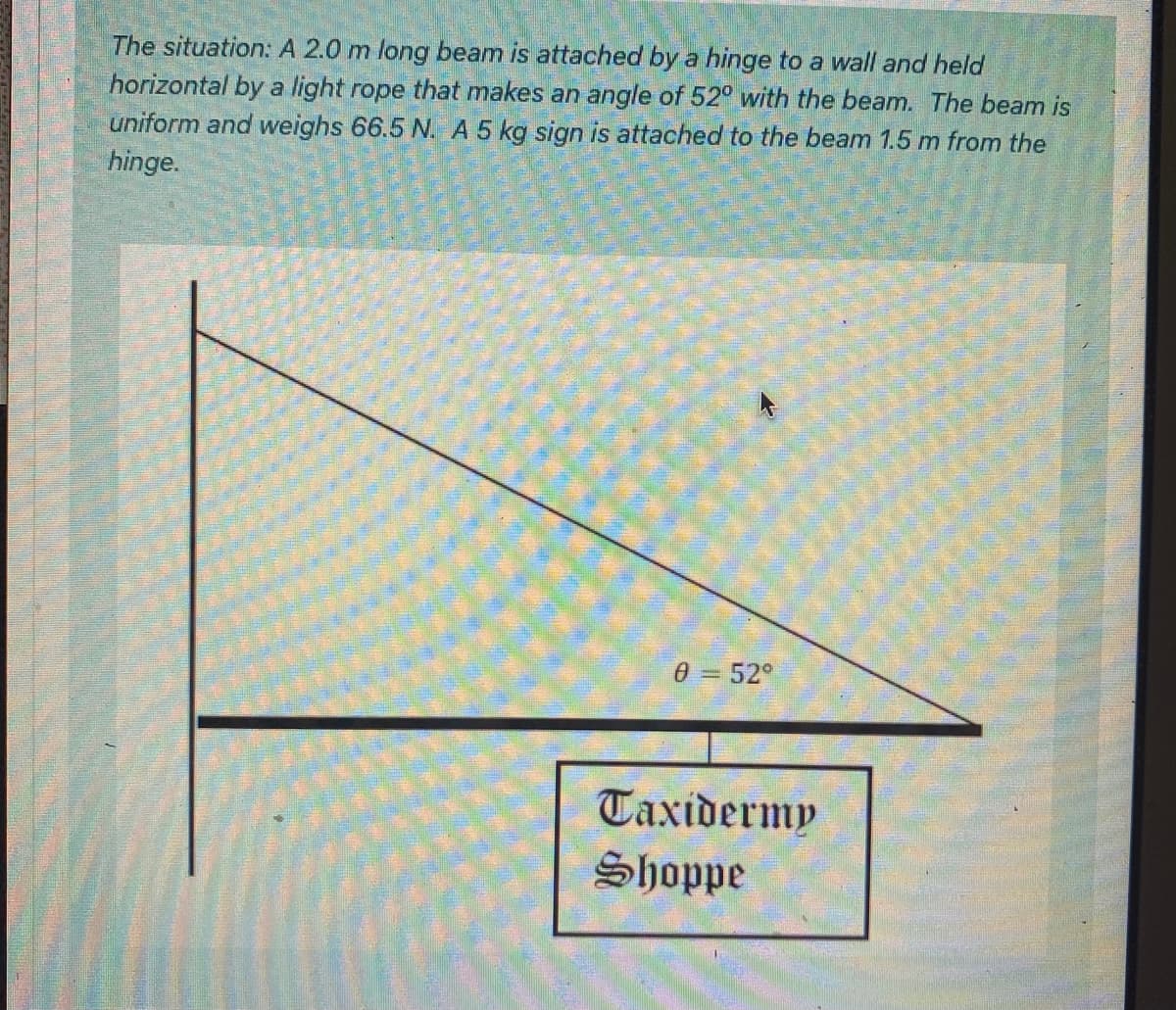 The situation: A 2.0 m long beam is attached by a hinge to a wall and held
horizontal by a light rope that makes an angle of 52° with the beam. The beam is
uniform and weighs 66.5 N. A 5 kg sign is attached to the beam 1.5 m from the
hinge.
0 = 52°
Taxidermy
Shoppe
