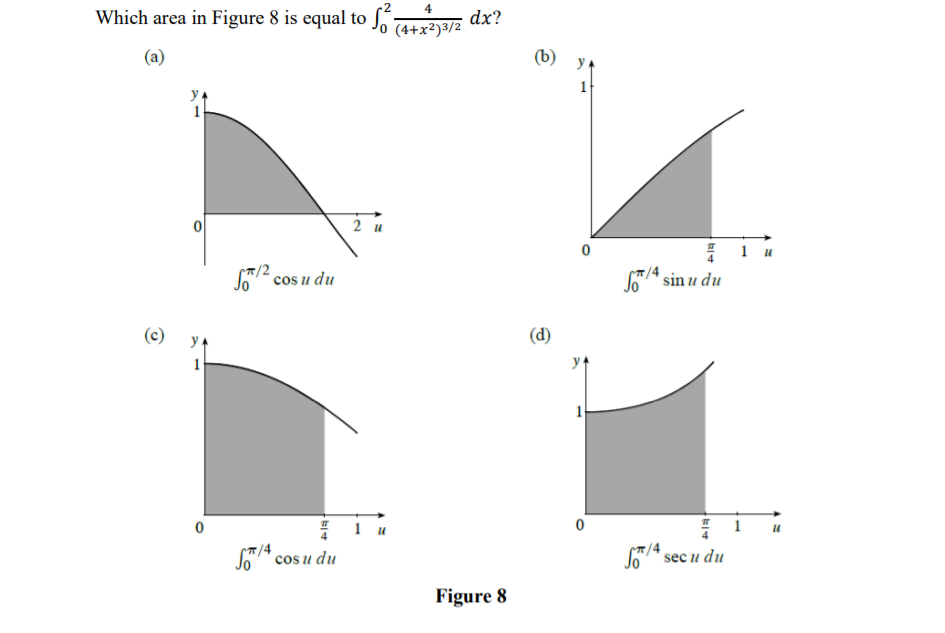 Which area in Figure 8 is equal to J (4+x²)3/2
4
(a)
(b) y.
1
y 4
2 u
1
So7 cos u du
SA sin u du
(c)
(d)
1
So* cos u du
4 sec u du
Figure 8
