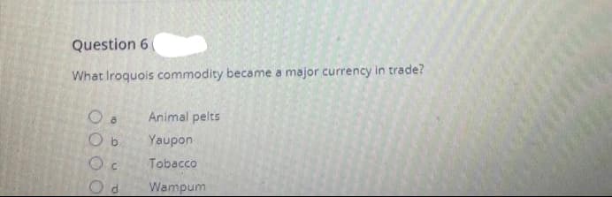 Question 6
What Iroquois commodity became a major currency in trade?
Animal pelts
Yaupon
C.
Tobacco
Wampum
