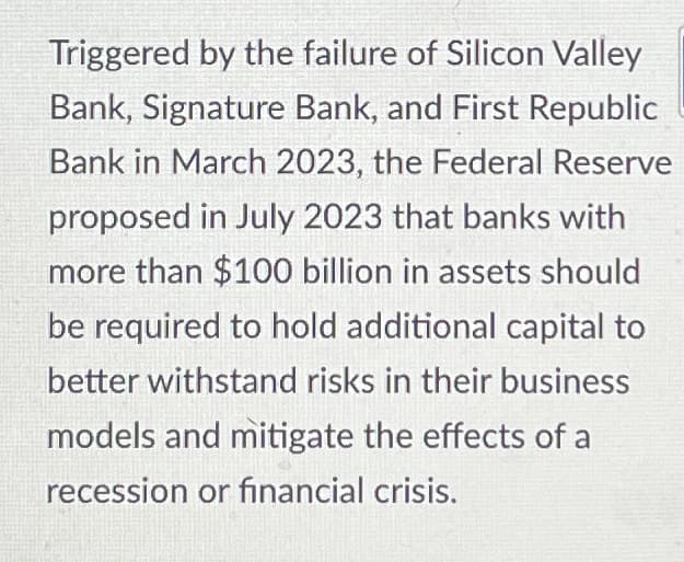 Triggered by the failure of Silicon Valley
Bank, Signature Bank, and First Republic
Bank in March 2023, the Federal Reserve
proposed in July 2023 that banks with
more than $100 billion in assets should
be required to hold additional capital to
better withstand risks in their business
models and mitigate the effects of a
recession or financial crisis.