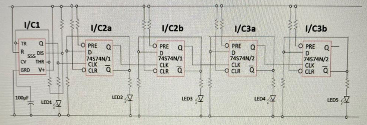 1/C1
1/C2a
1/C2b
1/C3a
1/C3b
OTR
O PRE
D
74574N/1
CLK
O CLR
O PRE
O PRE
D
74574N/
CLK
O CLR Q
Q
Q
O PRE
R.
DIS
S55
THRO
PASTAN/1
74574N/2
CLK
Q
74574N/2
CLK
Q
CV
GRD
V+
a CLR
O CLR
100µF
LED2 7
LED3 V
LED4 V
LEDS A
V
LED1
wwD
ww
ww
ww
