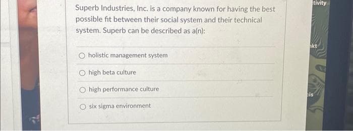 Superb Industries, Inc. is a company known for having the best
possible fit between their social system and their technical
system. Superb can be described as a(n):
O holistic management system
O high beta culture
high performance culture
O six sigma environment.
tivity
akt
cis