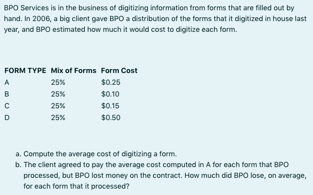 BPO Services is in the business of digitizing information from forms that are filled out by
hand. In 2006, a big client gave BPO a distribution of the forms that it digitized in house last
year, and BPO estimated how much it would cost to digitize each form.
FORM TYPE Mix of Forms Form Cost
25%
$0.25
25%
$0.10
25%
$0.15
25%
$0.50
A
B
с
D
a. Compute the average cost of digitizing a form.
b. The client agreed to pay the average cost computed in A for each form that BPO
processed, but BPO lost money on the contract. How much did BPO lose, on average,
for each form that it processed?