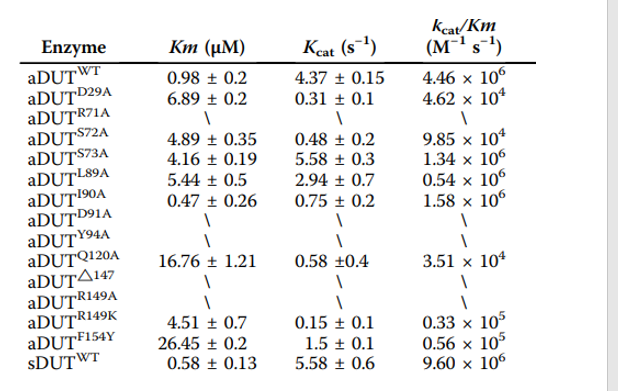 Kcat/Km
(M¯1 s-1)
Enzyme
Кт (иM)
Keat (s)
aDUTWT
ADUTD29A
aDUTR71A
aDUT$72A
aDUT$73A
ADUTL89A
aDUT190A
aDUTD91A
aDUTY94A
aDUTQ120A
ADUTA147
aDUTR149A
ADUTR149K
aDUTF154Y
SDUTWT
0.98 ± 0.2
4.37 + 0.15
4.46 × 106
4.62 × 10*
6.89 ± 0.2
0.31 ± 0.1
4.89 ± 0.35
4.16 ± 0.19
0.48 + 0.2
9.85 x 10*
1.34 x 106
0.54 × 10
1.58 x 106
5.58 + 0.3
5.44 ± 0.5
2.94 ± 0.7
0.47 + 0.26
0.75 + 0.2
16.76 ± 1.21
0.58 +0.4
3.51 x 10%
4.51 + 0.7
0.15 + 0.1
26.45 ± 0.2
0.58 ± 0.13
1.5 + 0.1
5.58 ± 0.6
0.33 x 105
0.56 x 105
9.60 × 106
