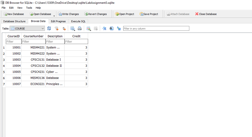 DB Browser for SQLite - C:\Users\13309\OneDrive\Desktop\sqlite\LabAssignment3.sqlite
File
Edit View Tools Help
CONew Database
Open Database
GWrite Changes
Revert Changes
Open Project
Save Project
Attach Database
X Close Database
Database Structure Browse Data
Edit Pragmas
Execute SQL
Table: COURSE
a Fiter in any column
CourseID CourseNumber Description
Credit
Filter
Filter
Filter
Filter
10001
MISM4221 System .
3
2
10002
MISM4222 System .
3
3
10003
CPSC3131 Database I
4
10004
CPSC3132 Database II
3
5
10005
CPSC4231 Cyber .
6
10006
MISM3136 Database
3
10007
ECON3221 Principles.
