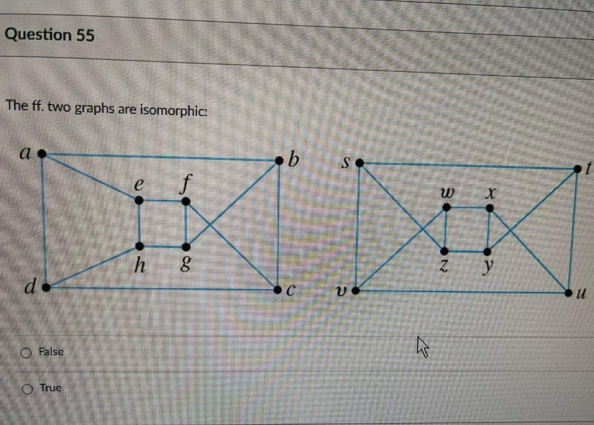 Question 55
The ff. two graphs are isomorphic:
f
2.
y
de
O False
O True
