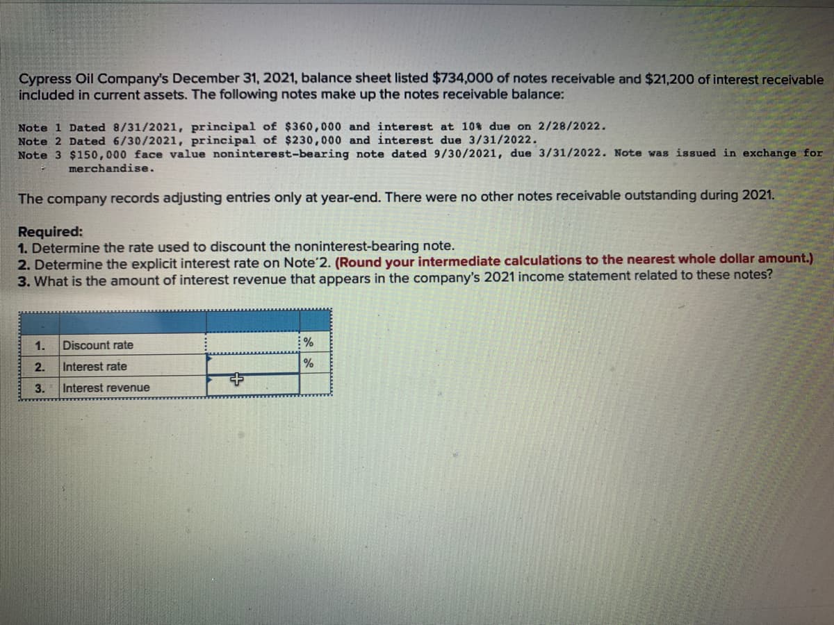 Cypress Oil Company's December 31, 2021, balance sheet listed $734,000 of notes receivable and $21,200 of interest receivable
included in current assets. The following notes make up the notes receivable balance:
Note 1 Dated 8/31/2021, principal of $360,000 and interest at 10% due on 2/28/2022.
Note 2 Dated 6/30/2021, principal of $230,000 and interest due 3/31/2022.
Note 3 $150,000 face value noninterest-bearing note dated 9/30/2021, due 3/31/2022. Note was issued in exchange for
merchandise.
The company records adjusting entries only at year-end. There were no other notes receivable outstanding during 2021.
Required:
1. Determine the rate used to discount the noninterest-bearing note.
2. Determine the explicit interest rate on Note'2. (Round your intermediate calculations to the nearest whole dollar amount.)
3. What is the amount of interest revenue that appears in the company's 2021 income statement related to these notes?
1.
Discount rate
:%
2.
Interest rate
3.
Interest revenue
