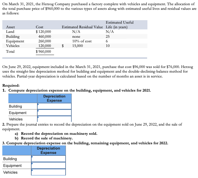 On March 31, 2021, the Herzog Company purchased a factory complete with vehicles and equipment. The allocation of
the total purchase price of $960,000 to the various types of assets along with estimated useful lives and residual values are
as follows:
Estimated Useful
Asset
Land
Estimated Residual Value Life (in years)
N/A
Cost
$ 120,000
460,000
260,000
N/A
Building
Equipment
Vehicles
none
25
10% of cost
6.
15,000
120,000
$ 960,000
$
10
Total
On June 29, 2022, equipment included in the March 31, 2021, purchase that cost $96,000 was sold for $76,000. Herzog
uses the straight-line depreciation method for building and equipment and the double-declining-balance method for
vehicles. Partial-year depreciation is calculated based on the number of months an asset is in service.
Required:
1. Compute depreciation expense on the building, equipment, and vehicles for 2021.
Depreciation
Expense
Building
Equipment
Vehicles
2. Prepare the journal entries to record the depreciation on the equipment sold on June 29, 2022, and the sale of
equipment.
a) Record the depreciation on machinery sold.
b) Record the sale of machinery.
3. Compute depreciation expense on the building, remaining equipment, and vehicles for 2022.
Depreciation
Expense
Building
Equipment
Vehicles
