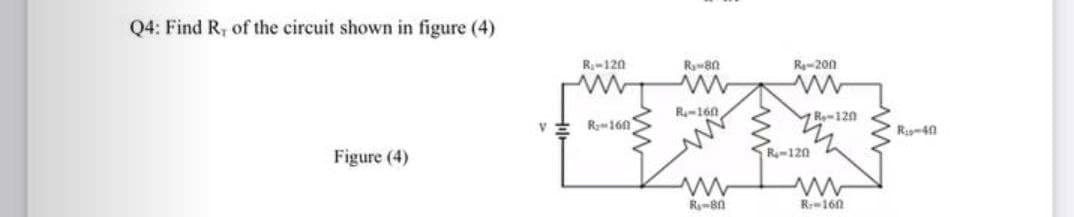 Q4: Find R, of the circuit shown in figure (4)
R-120
Ry8n
Rew20n
R-160
Re-120
Ro-160
Rg40
Figure (4)
R-120
R-160
