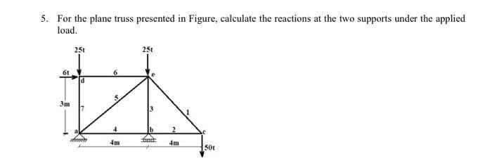 5. For the plane truss presented in Figure, calculate the reactions at the two supports under the applied
load.
251
25t
d
b
und 4m
50t
6t
3m
4m