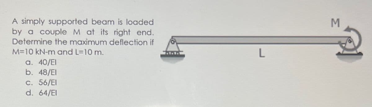 A simply supported beam is loaded
by a couple M at its right end.
Determine the maximum deflection if
M=10 kN-m and L-10 m.
L
a. 40/EI
b. 48/EI
C. 56/EI
d. 64/EI
