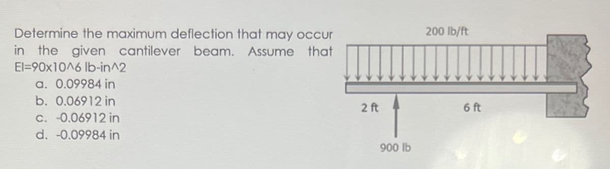 Determine the maximum deflection that may occur
200 lb/ft
in the given cantilever beam. Assume that
El=90x10A6 lb-in^2
a. 0.09984 in
b. 0.06912 in
2 ft
6 ft
C. 0.06912 in
d. -0.09984 in
900 lb
