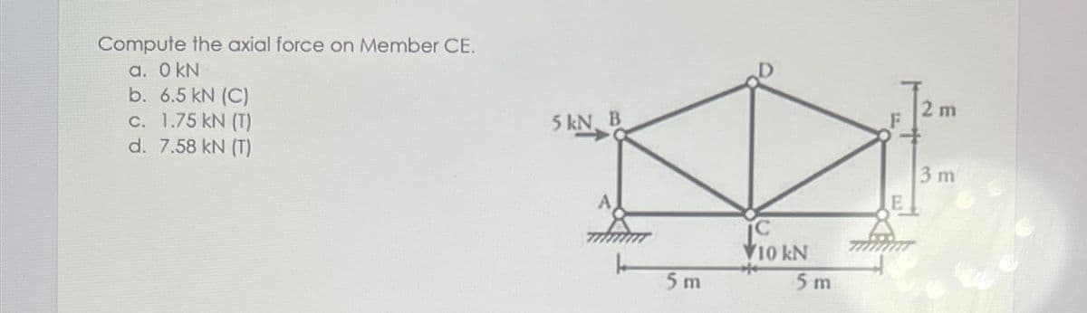 Compute the axial force on Member CE.
a. O kN
b. 6.5 kN (C)
C. 1.75 kN (T)
d. 7.58 kN (T)
2 m
5 kN B
3 m
10 kN
5 m
5 m
