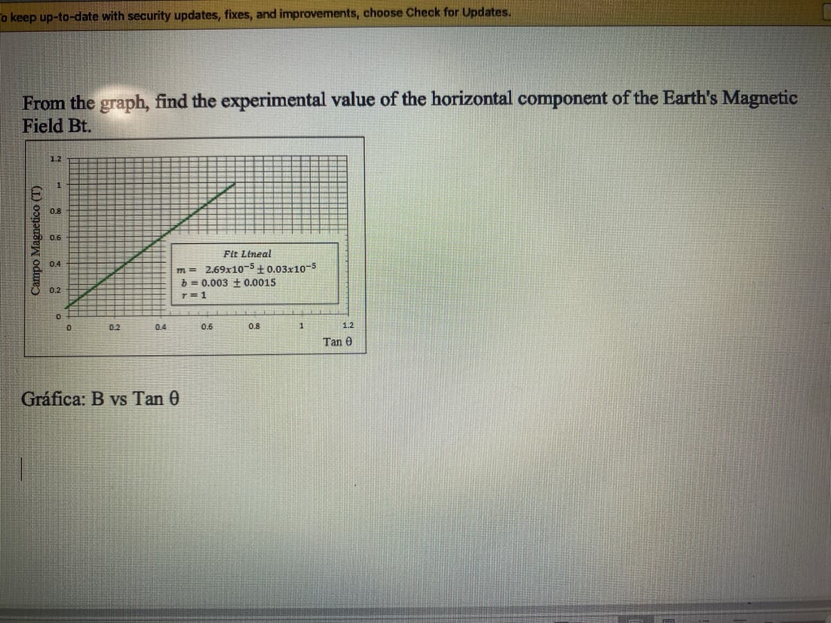 o keep up-to-date with security updates, fixes, and improvements, choose Check for Updates.
From the graph, find the experimental value of the horizontal component of the Earth's Magnetic
Field Bt.
1.2
1.
0.8
0.6
Fit Lineal
m = 2.69x10-5+ 0.03x10-5
b = 0.003 +0.0015
0.4
0.2
T= 1
0.2
0.4
0.6
0.8
1
1.2
Tan 0
Gráfica: B vs Tan 0
Campo Magnetico (T)
