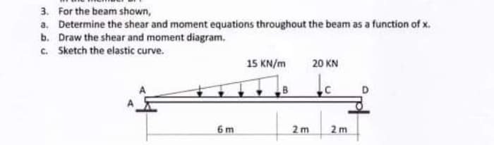 3. For the beam shown,
a. Determine the shear and moment equations throughout the beam as a function of x.
b. Draw the shear and moment diagram.
c. Sketch the elastic curve.
15 KN/m
20 KN
to
B
6m
2 m
2 m
