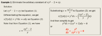 Example 1: Eliminate the arbitrary constant of xy – 2 = cy.
Solution:
Let xy? - 2 - cy be Equation (1).
Substituting c = to Equation (2). we get
xy2-2
dy
Differentiating the equation, we get
x(2ydy) + y'dx - (
x(2ydy) + y-dx = cảy as Equation (2).
And then simplity to get
Note that from Equation (1), we have
ydx + (xy? + 2)dy - 0
or
ху? - 2
dy
ya
y
dx' xy + 2
