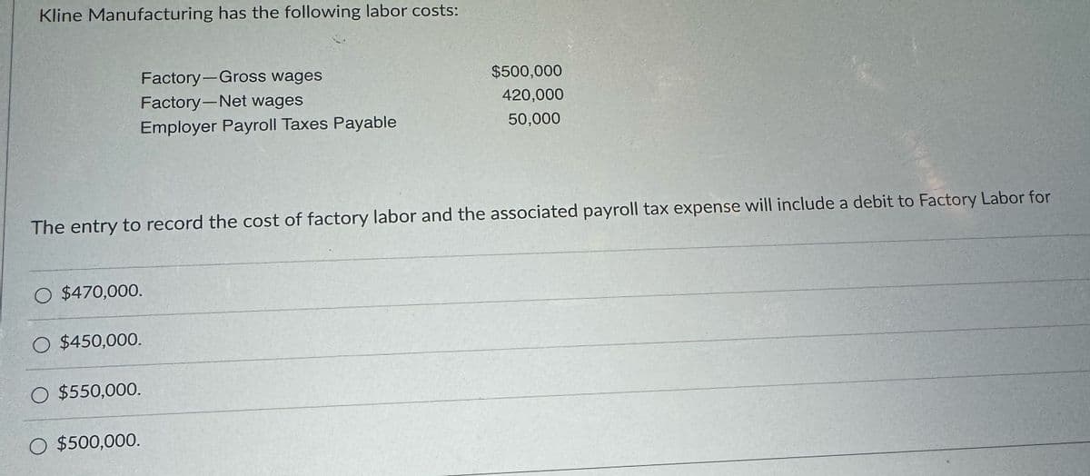 Kline Manufacturing has the following labor costs:
Factory-Gross wages
Factory Net wages
Employer Payroll Taxes Payable
O $470,000.
The entry to record the cost of factory labor and the associated payroll tax expense will include a debit to Factory Labor for
O $450,000.
O $550,000.
O $500,000.
—
$500,000
420,000
50,000