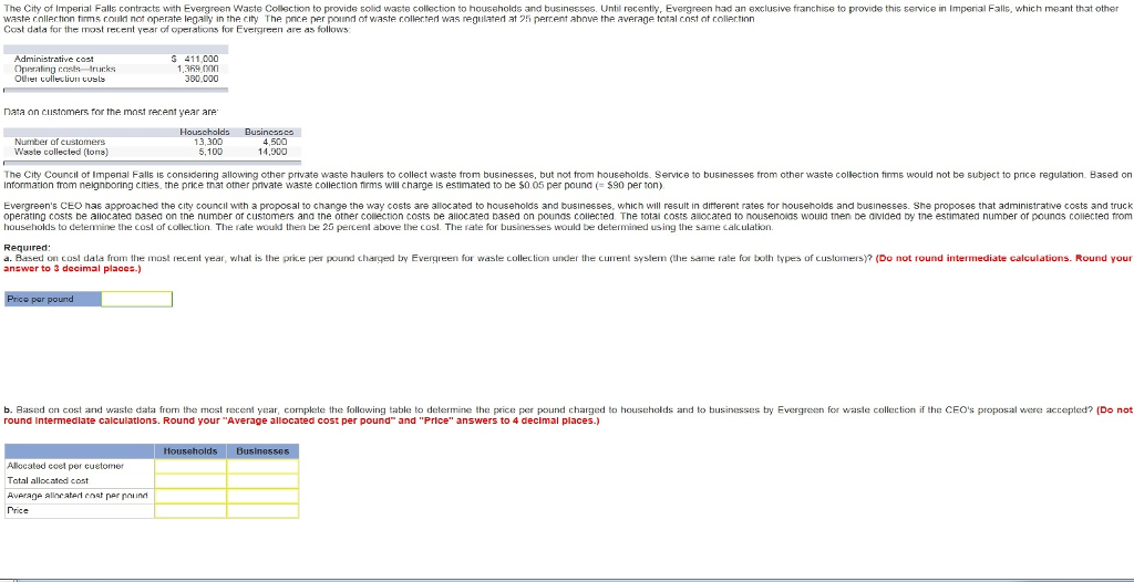 The City of Imperial Falls contracts with Evergreen Waste Collection to provide solid waste collection to households and businesses. Until recently, Evergreen had an exclusive franchise to provide this service in Imperial Falls, which meant that other
waste collection firms could not operate legally in the city. The price per pound of waste collected was regulated at 25 percent above the average total cost of collection
Cost data for the most recent year of operations for Evergreen are as follows:
Administrative cost
Operating costs-trucks
Other collection costs
Data on customers for the most recent year are
Households
13,300
5,100
Number of customers
Waste collected (tons)
$ 411,000
1,369 000
380,000
The City Council of Imperial Falls is considering allowing other private waste haulers to collect waste from businesses, but not from households. Service to businesses from other waste collection firms would not be subject to price regulation. Based on
Information from neighboring cities, the price that other private waste collection firms will charge is estimated to be $0.05 per pound (= $90 per ton).
Evergreen's CEO has approached the city council with a proposal to change the way costs are allocated to households and businesses, which will result in different rates for households and businesses. She proposes that administrative costs and truck
operating costs be allocated based on the number of customers and the other collection costs be allocated based on pounds collected. The total costs allocated to nouseholds would then be divided by the estimated number of pounds collected from
households to determine the cost of collection. The rate would then be 25 percent above the cost. The rate for businesses would be determined using the same calculation.
Price per pound
Businesses
4,500
14,000
Required:
a. Based on cost data from the most recent year, what is the price per pound charged by Evergreen for waste collection under the current system (the same rate for both types of customers)? (Do not round intermediate calculations. Round your
answer to 3 decimal places.)
Allocated coet per customer
Total allocated cost
Average allocated cost per pound
Price
b. Based on cost and waste data from the most recent year, complete the following table to determine the price per pound charged to households and to businesses by Evergreen for waste collection if the CEO's proposal were accepted? (Do not
round Intermediate calculations. Round your "Average allocated cost per pound" and "Price" answers to 4 decimal places.)
Households
Businesses