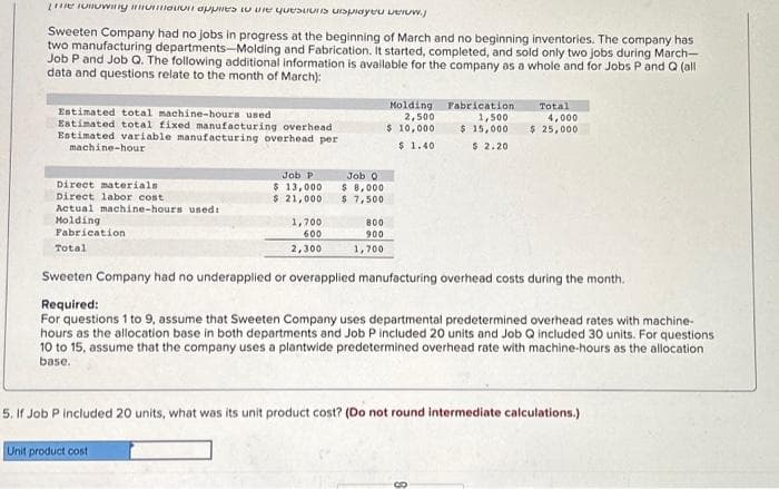 e following an applies to the questions displayed below.
Sweeten Company had no jobs in progress at the beginning of March and no beginning inventories. The company has
two manufacturing departments-Molding and Fabrication. It started, completed, and sold only two jobs during March-
Job P and Job Q. The following additional information is available for the company as a whole and for Jobs P and Q (all
data and questions relate to the month of March):
Estimated total machine-hours used
Estimated total fixed manufacturing overhead
Estimated variable manufacturing overhead per
machine-hour
Direct materials.
Direct labor cost
Actual machine-hours used:
Molding
Fabrication
Total
Job P
$13,000
$ 21,000
1,700
600
2,300
Unit product cost
Job Q
$ 8,000
$7,500
800
900
1,700
Molding
2,500
$ 10,000
$ 1.40
Fabrication.
1,500
$ 15,000
$ 2.20
Total.
4,000
$ 25,000
Sweeten Company had no underapplied or overapplied manufacturing overhead costs during the month.
Required:
For questions 1 to 9, assume that Sweeten Company uses departmental predetermined overhead rates with machine-
hours as the allocation base in both departments and Job P included 20 units and Job Q included 30 units. For questions
10 to 15, assume that the company uses a plantwide predetermined overhead rate with machine-hours as the allocation
base.
5. If Job P included 20 units, what was its unit product cost? (Do not round intermediate calculations.)