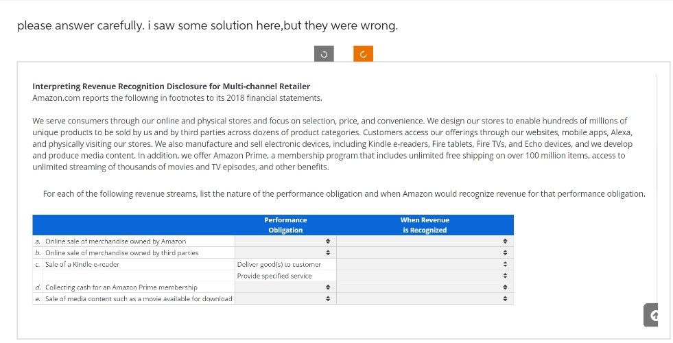 please answer carefully. i saw some solution here, but they were wrong.
Interpreting Revenue Recognition Disclosure for Multi-channel Retailer
Amazon.com reports the following in footnotes to its 2018 financial statements.
We serve consumers through our online and physical stores and focus on selection, price, and convenience. We design our stores to enable hundreds of millions of
unique products to be sold by us and by third parties across dozens of product categories. Customers access our offerings through our websites, mobile apps, Alexa,
and physically visiting our stores. We also manufacture and sell electronic devices, including Kindle e-readers, Fire tablets, Fire TVs, and Echo devices, and we develop
and produce media content. In addition, we offer Amazon Prime, a membership program that includes unlimited free shipping on over 100 million items, access to
unlimited streaming of thousands of movies and TV episodes, and other benefits.
For each of the following revenue streams, list the nature of the performance obligation and when Amazon would recognize revenue for that performance obligation.
a. Online sale of merchandise owned by Amazon
b. Online sale of merchandise owned by third parties
c. Sale of a Kindle e-reader
d. Collecting cash for an Amazon Prime membership
e. Sale of media content such as a movie available for download
Performance
Obligation
Deliver good(s) to customer
Provide specified service
c
+
+
♦
→
When Revenue
is Recognized
→
=
C