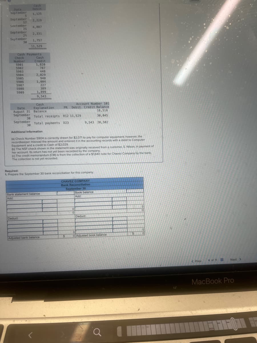 Date
September 1,125
September 2,229
12
September
21
4,087
September 2,331
September
1,757
11,529
5
25
30
Cash Payments
Check
Number
5901
5902
5903
5904
5905
5906
5907
5908
5909
Cash
Debit
Cash
Credit
1,820
Deduct:
787
448
2,029
940
1,004
227
389
1,899
9,543
Cash
Date Explanation
August 31 Balance
September Total receipts R12 11,529
30
September Total payments 023
30
Additional Information
(a) Check Number 5904 is correctly drawn for $2,071 to pay for computer equipment; however, the
recordkeeper misread the amount and entered it in the accounting records with a debit to Computer
Equipment and a credit to Cash of $2,029.
Account Number 101
PR Debit Credit Balance
18,516
30,045
20,502
(b) The NSF check shown in the statement was originally received from a customer, S. Nilson, in payment of
her account. Its return has not yet been recorded by the company.
(c) The credit memorandum (CM) is from the collection of a $1,640 note for Chavez Company by the bank.
The collection is not yet recorded.
Bank statement balance
Add:
Required:
1. Prepare the September 30 bank reconciliation for this company.
Adjusted bank balance
TRESTEERS
TRECREER
9,543
COTTON
CHAVEZ COMPANY
Bank Reconciliation
$
September 30
0
0
Book balance
Add:
Deduct:
BEREG
0
0 Adjusted book balance
Q
$
0
0
0
0
< Prev
4 of 11
Next >
MacBook Pro
FILFO