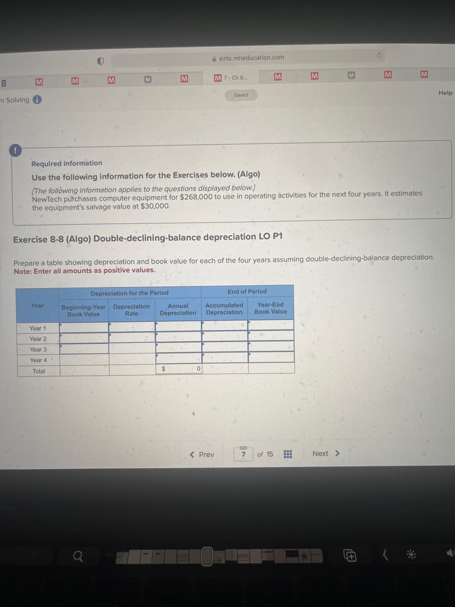 M
B
m Solving i
Year
M
Year 1
Year 2
Year 3
Year 4
Total
M
M
a
Depreciation for the Period
Beginning-Year Depreciation
Book Value
Rate
M
Required information
Use the following information for the Exercises below. (Algo)
[The following information applies to the questions displayed below.]
NewTech purchases computer equipment for $268,000 to use in operating activities for the next four years. It estimates
the equipment's salvage value at $30,000.
Annual
Depreciation
$
Exercise 8-8 (Algo) Double-declining-balance depreciation LO P1
Prepare a table showing depreciation and book value for each of the four years assuming double-declining-balance depreciation.
Note: Enter all amounts as positive values.
ezto.mheducation.com
0
M 7-Ch 8...
Saved
< Prev
End of Period
M
Year-End
Accumulated
Depreciation Book Value
S
7
M
of 15
M
M
Next >
M
Help