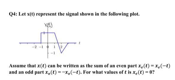 Q4: Let x(t) represent the signal shown in the following plot.
X(L)
2
T'
Assume that x(t) can be written as the sum of an even part xe (t) = x₂(-t)
and an odd part xo(t)=-xo(-t). For what values of t is xe(t) = 0?