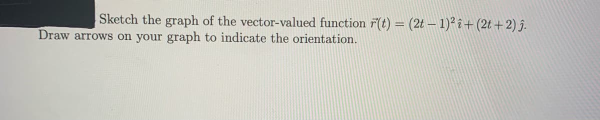 Sketch the graph of the vector-valued function r(t) = (2t – 1)² î + (2t +2) ĵ.
Draw arrows on your graph to indicate the orientation.
