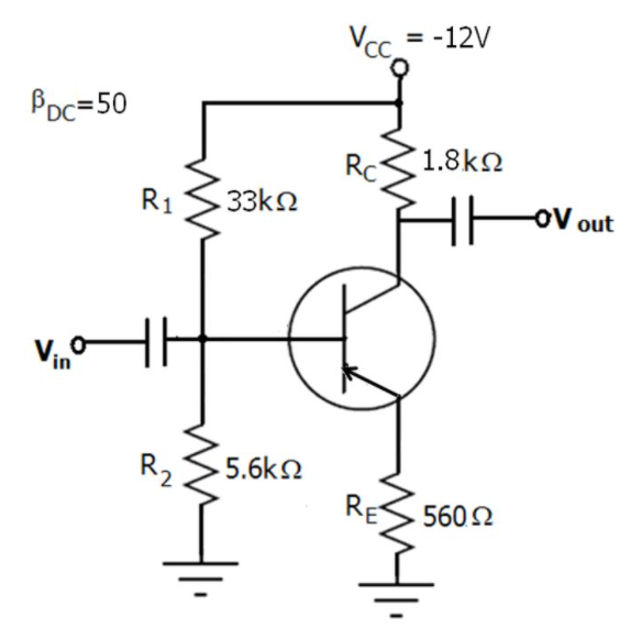 Vc.
= -12V
Poc=50
Rc
1.8k2
R1
33k2
OV out
V,
in
R2
5.6k2
RE
560 2
