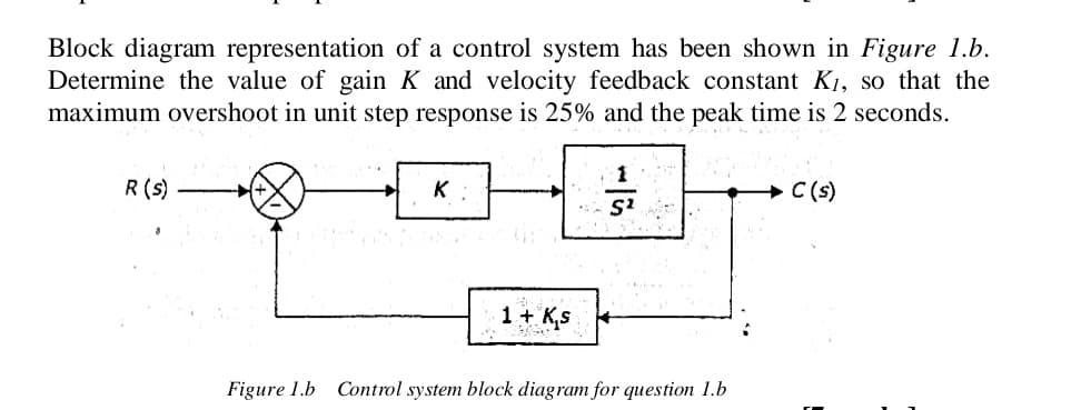 Block diagram representation of a control system has been shown in Figure 1.b.
Determine the value of gain K and velocity feedback constant K1, so that the
maximum overshoot in unit step response is 25% and the peak time is 2 seconds.
R(s)
K
+ C(s)
1+ K,s
Figure 1.b Control system block diagram for question 1.b
