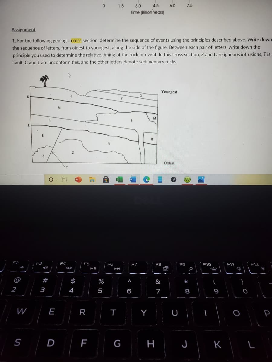 1.5
3.0
4.5
6.0
7.5
Time (Billion Years)
Assignment
1. For the following geologic cross section, determine the sequence of events using the principles described above. Write down
the sequence of letters, from oldest to youngest, along the side of the figure. Between each pair of letters, write down the
principle you used to determine the relative timing of the rock or event. In this cross section, Z and I are igneous intrusions, Tis
fault, C and L are unconformities, and the other letters denote sedimentary rocks.
Youngest
Y.
M
M
Oldest
F2
F3
F4
F5
F6
F7
F8
F9
F10
F11
F12
@
#
$
%
&
*
2
3
4
5
6
8
9
W
R
P
S
D
H J K L
