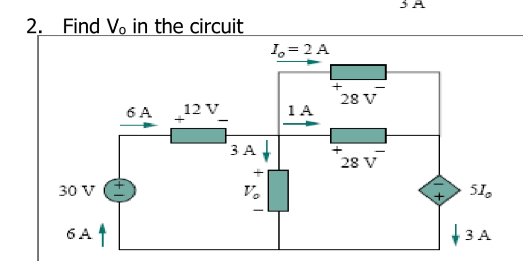 2. Find Vo in the circuit
1,= 2 A
+
28 V
6 A
12 V
1 A
3 A
28 V
30 V
V.
51,
6Af
+3 A
