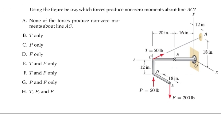 Using the figure below, which forces produce non-zero moments about line AC?
y
A. None of the forces produce non-zero mo-
ments about line AC.
B. T only
C. P only
D. F only
E. T and P only
F. T and F only
G. P and F only
H. T, P, and F
M
20 in. 16 in. →
T = 50 lb
12 in.
P = 50 lb
B
18 in.
E
F
=
200 lb
12 in.
18 in.
X