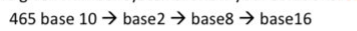 465 base 10 → base2 → base8 → base16
