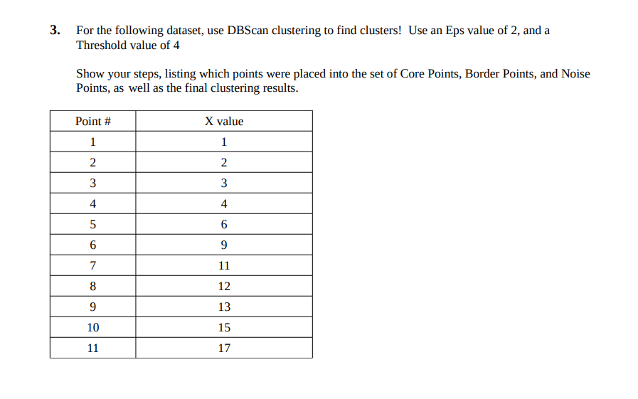 3. For the following dataset, use DBScan clustering to find clusters! Use an Eps value of 2, and a
Threshold value of 4
Show your steps, listing which points were placed into the set of Core Points, Border Points, and Noise
Points, as well as the final clustering results.
Point #
X value
1
1
2
2
3
4
4
5
6.
7
11
8
12
9
13
10
15
11
17
