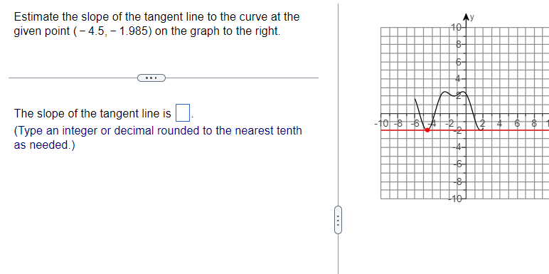 ### Estimating the Slope of the Tangent Line

To understand how to estimate the slope of a tangent line, consider the curve in the graph displayed. Your objective is to estimate the slope at the given point, which is \((-4.5, -1.985)\).

The approximate method steps include:

1. **Identify the Point**: Locate the given point \((-4.5, -1.985)\) on the graph. This is where you are interested in finding the slope of the tangent line.
2. **Plot the Tangent Line**: Visualize or sketch a straight line that only touches the curve at this particular point and does not intersect it nearby.
3. **Calculate the Slope**: Use the rise over run method to estimate the slope of this tangent line. Specifically, count the change in y (vertical) and change in x (horizontal) between two clear points on this tangent line.

### Example Graph Analysis

- **Graph Details**:
    - The x-axis ranges from \(-10\) to \(10\).
    - The y-axis ranges from \(-10\) to \(10\).
    - The curve itself appears to oscillate, suggesting a function with local maxima and minima.
    - The tangent line (which must be estimated) at the point \((-4.5, -1.985)\) will provide a visual representation of the instantaneous rate of change of the curve at that point.

### Estimated Calculation

From the visual estimate of the tangent line:

- Identify two points on the tangent line that allow for clear determination of rise (Δy) and run (Δx).
- For instance, if the tangent visibly rises 2 units for every 5 units it runs to the right, the slope \( m \) can be estimated as \( \frac{2}{5} = 0.4 \), noting that this should be rounded to the nearest tenth.

**Fill in the Blank**:
The slope of the tangent line is \[ \_\_\_ \].
(Type an integer or decimal rounded to the nearest tenth as needed).

\[
\boxed{m \approx}
\]

This approximate slope represents the rate at which the y-value (function output) is changing at exactly \((-4.5, -1.985)\).

Feel free to use graphing tools or tracing paper to help in more accurately estimating the tangent line and its slope.